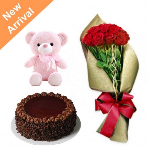 12 Red Roses in Paper Packing, Red Bow with Teddy ( 6 inch) and Chocolate Cake (Half Kg)